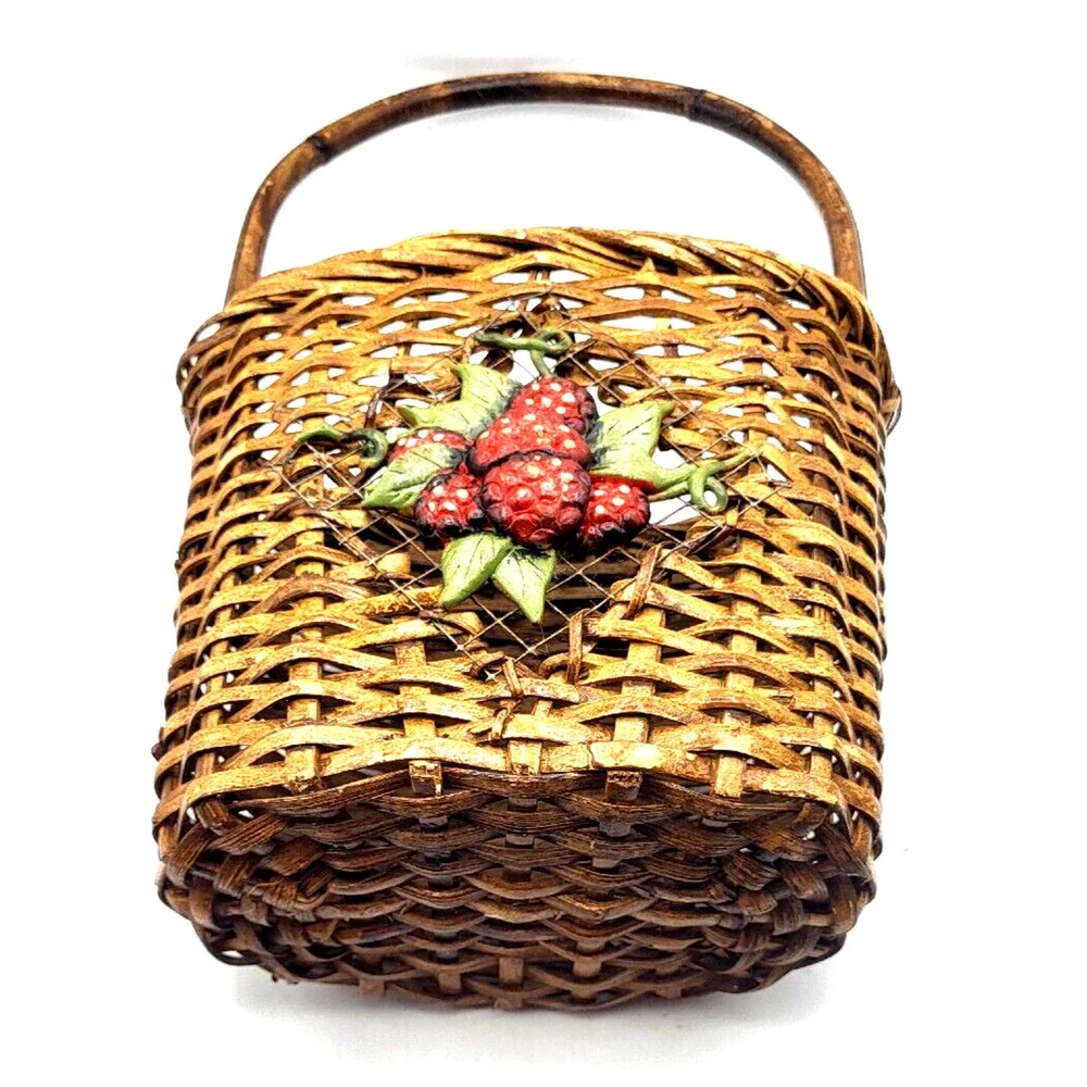 Vintage Farmhouse Basket with Strawberries Bamboo Handle 17x6